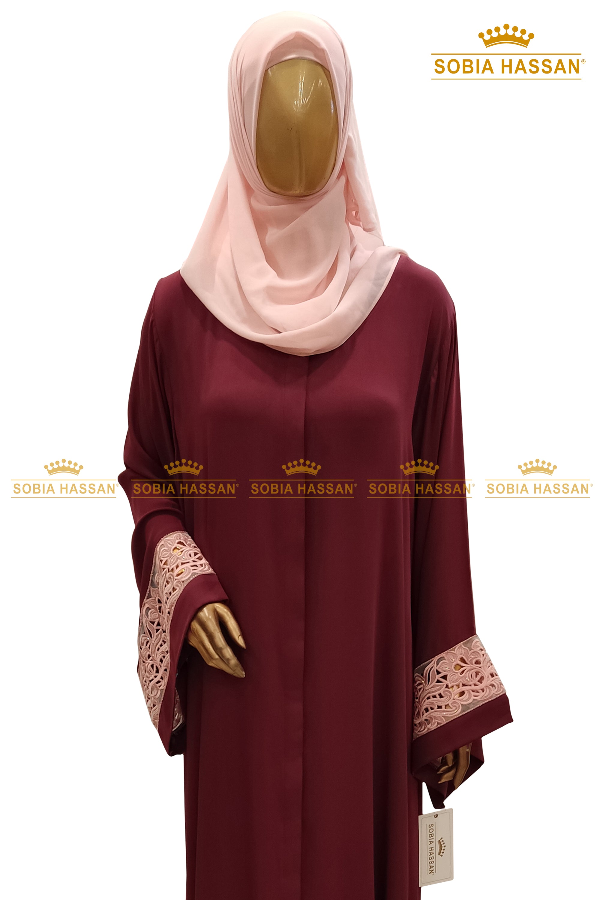 Maroon Embroidered Sleeves Abaya